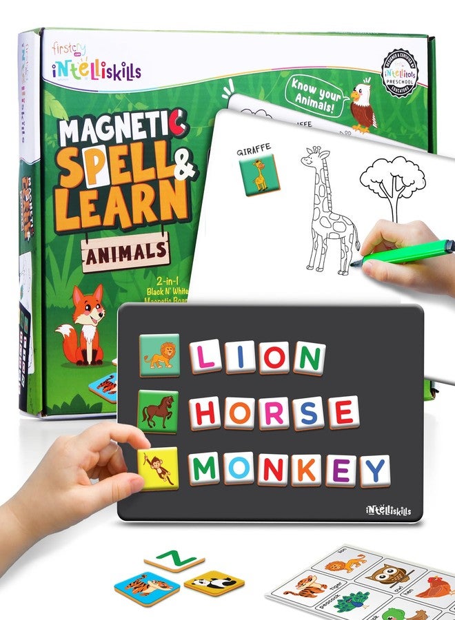 FIRSTCRY INTELLISKILLS لوحة إنتليس سكيلز المغناطيسية المميزة لتعليم تهجئة وتعلم أسماء الحيوانات للأطفال - 72 حرفًا، 32 صورة، ولوحة مغناطيسية واحدة، حروف أبجدية مغناطيسية للأطفال، لعبة تعليمية للأطفال من عمر 3 سنوات فما فوق، لعبة تهجئة للأطفال - Image 1